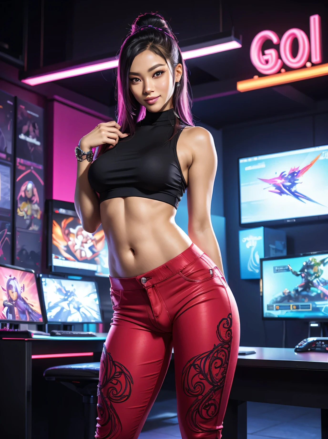 (((Masterpiece))), extremely realistic, vivid details, extremely detailed, 4k, Extremely cute Asian African American transsexual woman standing in a reception of a gaming studio, she is welcoming you to our game studio, (in front of gaming studio, reception), ((front desk 1.5)), ((reception girl 1.2)), ((Asian African American)), ((gaming studio, neon lights 1.3)), cock bulging in her paties,((bulging pants)), (pants), ((Arafed)), ((transsexual)), she is welcoming you to the gaming studio, ((e-sports)), ((Info desk 1.2)), she is wearing loose crop top and her cock is bulging in her pants, (pants 1.2), ((underboob)), ((cock bulge 1.4)), ((bulging cock)), ((neon lights 1.2)), white hair, rainbow colors, she is extremely hot and sexy, (realistic human skin:1.6), ((seductive smile)), she is Asian African American cute girl with a cock , her cock is bulging in her pants,((pants)), ((cock bulge)), she is so sexy, her beauty is godlike, ((absolutely gorgeous)), ((detailed face)), (beautiful face), (sexy smile aroused stare at camera:1), she is wearing sexy crop top, ((perfect curvy figure)), ((small natural breast )), she is ripped, cinematic lighting, neon lights, Multi-layer Textures, (intricate details: 1.6), cock bulge in her pants