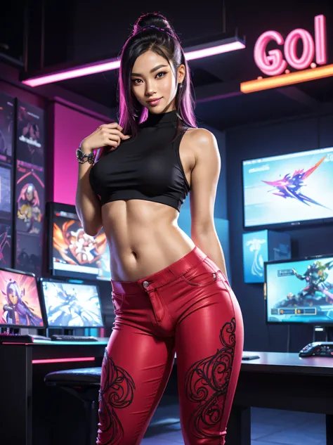 (((Masterpiece))), extremely realistic, vivid details, extremely detailed, 4k, Extremely cute Asian African American transsexual woman standing in a reception of a gaming studio, she is welcoming you to our game studio, (in front of gaming studio, receptio...