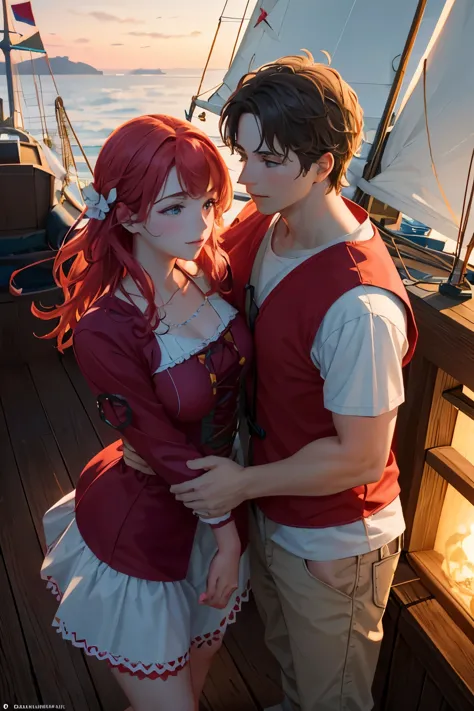 Capitana Rosa and her husband, both dressed in red uniforms, stand on the deck of their sturdy boat, as the open sea stretches b...