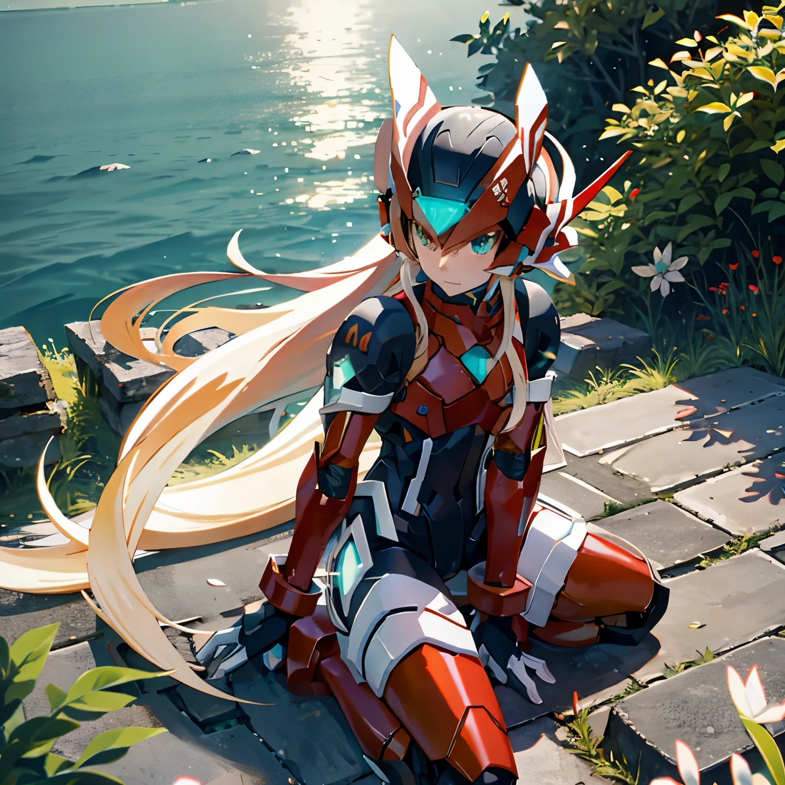 megzeromyth2023, 1boy, long white hair, red armor, green energy sword, 8k, uhd, high quality, masterpiece, overlooking the ocean on the edge of a rock, in the style of avian-themed, realistic yet stylized, villagecore, azure, orange and azure, dragoncore, aerial view
