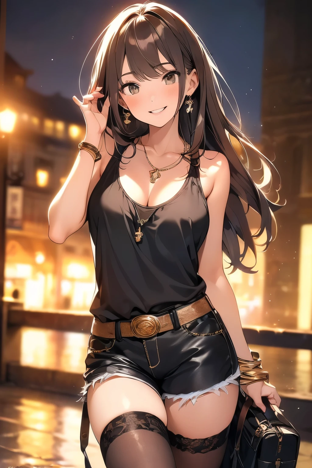 (masterpiece, highest quality, super detailed, High resolution, 4k),(detailed and beautiful eyes),(highly detailed face),(1 girl),HDR,long hair, shorts, Telephone, brown eyes, brown hair, bracelet, Tank top, jewelry, clock, lips, focus only, nail polish, blurry background, smile, realistic, looking at the viewer,black pantyhose