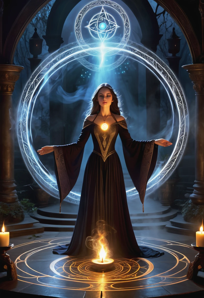 (a girl standing in the center of a magic circle),dark sorcery,detailed engravings,glowing sigils,ancient symbols,spellbinding atmosphere,mystical aura,elaborate patterns,magical flames,flickering candles,smoke swirling,ethereal mist,mysterious glow,dramatic lighting,witchcraft,magical elements,powerful energy,enchanted atmosphere,otherworldly beauty,alluring magic,mesmerizing scene,unearthly power,transcendent charm,beautifully haunting,majestic presence,ethereal essence,intricate design,spell casting,dark and mysterious,magical incantations,whispers of enchantment,spellbound by her presence,dimly lit chamber,supernatural energy,sorceress in the spotlight,entrancing spell,dark arts,mesmerizing movements