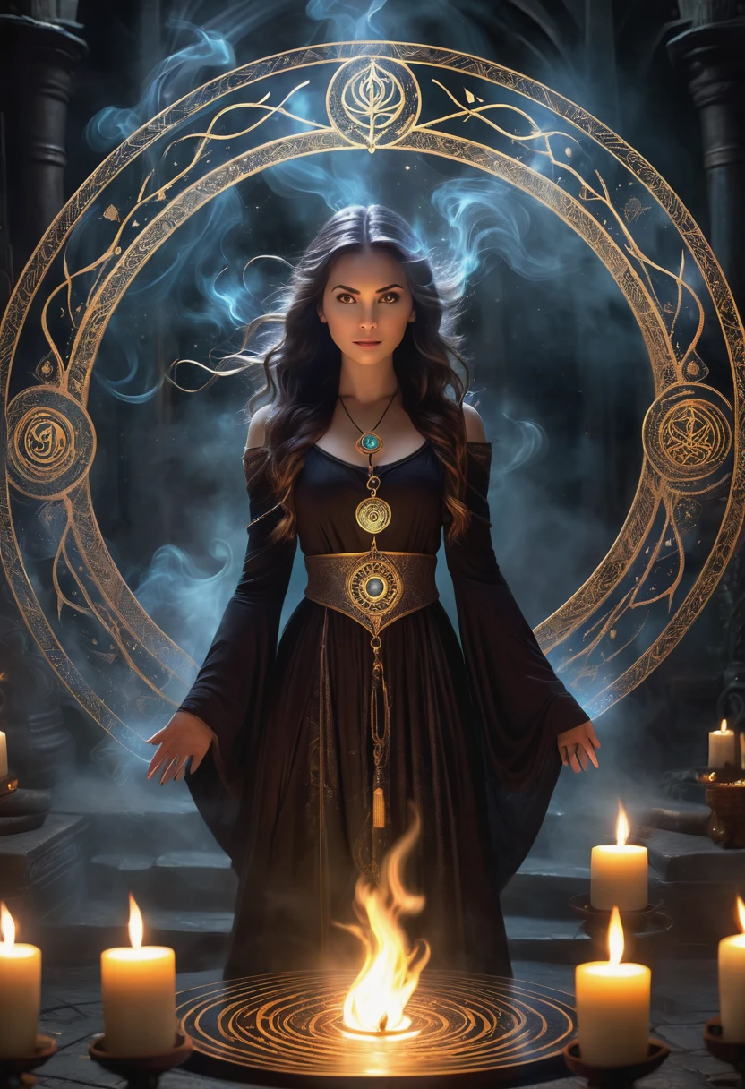 (a girl standing in the center of a magic circle),dark sorcery,detailed engravings,glowing sigils,ancient symbols,spellbinding atmosphere,mystical aura,elaborate patterns,magical flames,flickering candles,smoke swirling,ethereal mist,mysterious glow,dramatic lighting,witchcraft,magical elements,powerful energy,enchanted atmosphere,otherworldly beauty,alluring magic,mesmerizing scene,unearthly power,transcendent charm,beautifully haunting,majestic presence,ethereal essence,intricate design,spell casting,dark and mysterious,magical incantations,whispers of enchantment,spellbound by her presence,dimly lit chamber,supernatural energy,sorceress in the spotlight,entrancing spell,dark arts,mesmerizing movements