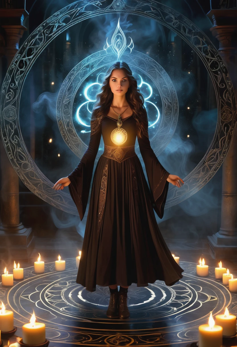 (a girl standing in the center of a magic circle),dark sorcery,detailed engravings,glowing sigils,ancient symbols,spellbinding atmosphere,mystical aura,elaborate patterns,magical flames,flickering candles,smoke swirling,ethereal mist,mysterious glow,dramatic lighting,witchcraft,magical elements,powerful energy,enchanted atmosphere,otherworldly beauty,alluring magic,mesmerizing scene,unearthly power,transcendent charm,beautifully haunting,majestic presence,ethereal essence,intricate design,spell casting,dark and mysterious,magical incantations,whispers of enchantment,spellbound by her presence,dimly lit chamber,supernatural energy,sorceress in the spotlight,entrancing spell,dark arts,mesmerizing movements