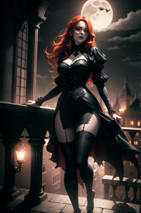 a beautiful gothic redhead vampire. standing on a balconly under the moon. eerie. volumetric light, high dynamic range.