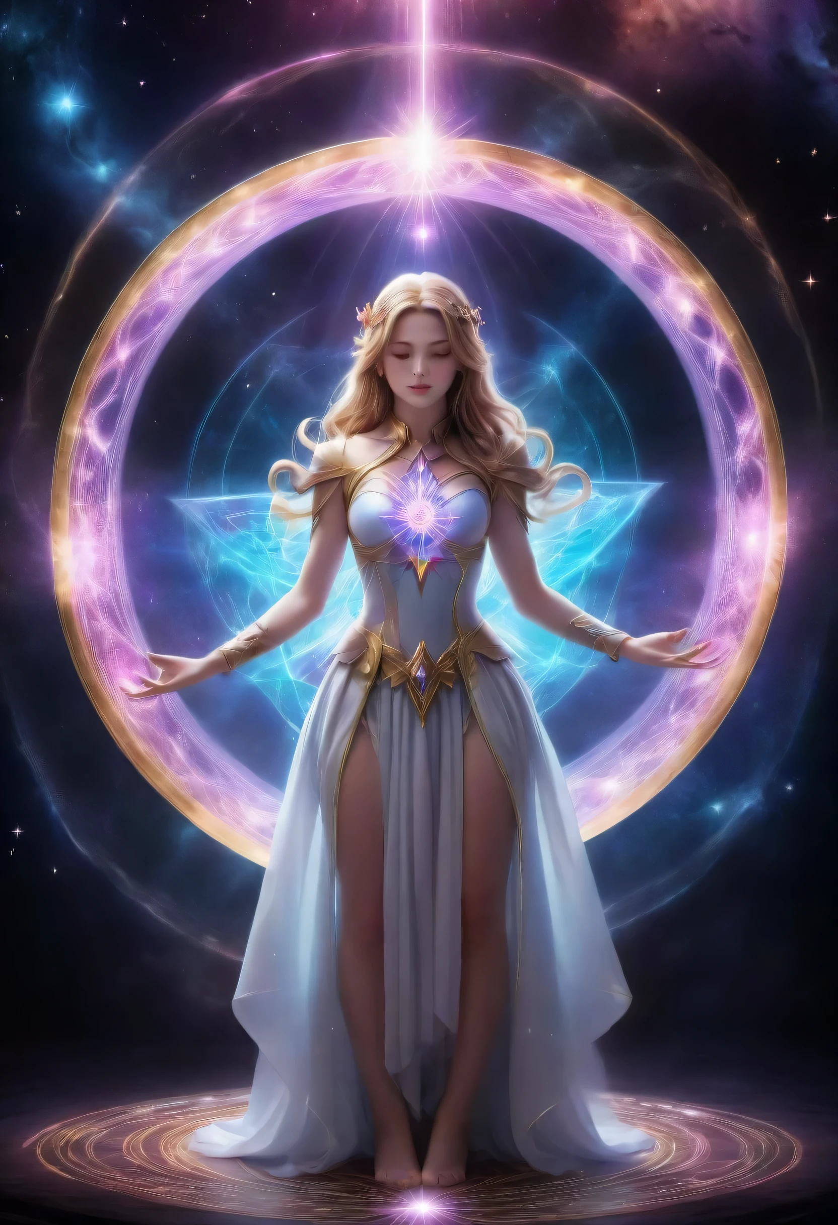 magical girl and magic circle, A magical girl standing on a magic circle and chanting magic, star-shaped magic circle: 1.3, close your eyes, unparalleled magical aura: 1.3, beautiful and flashy presentation