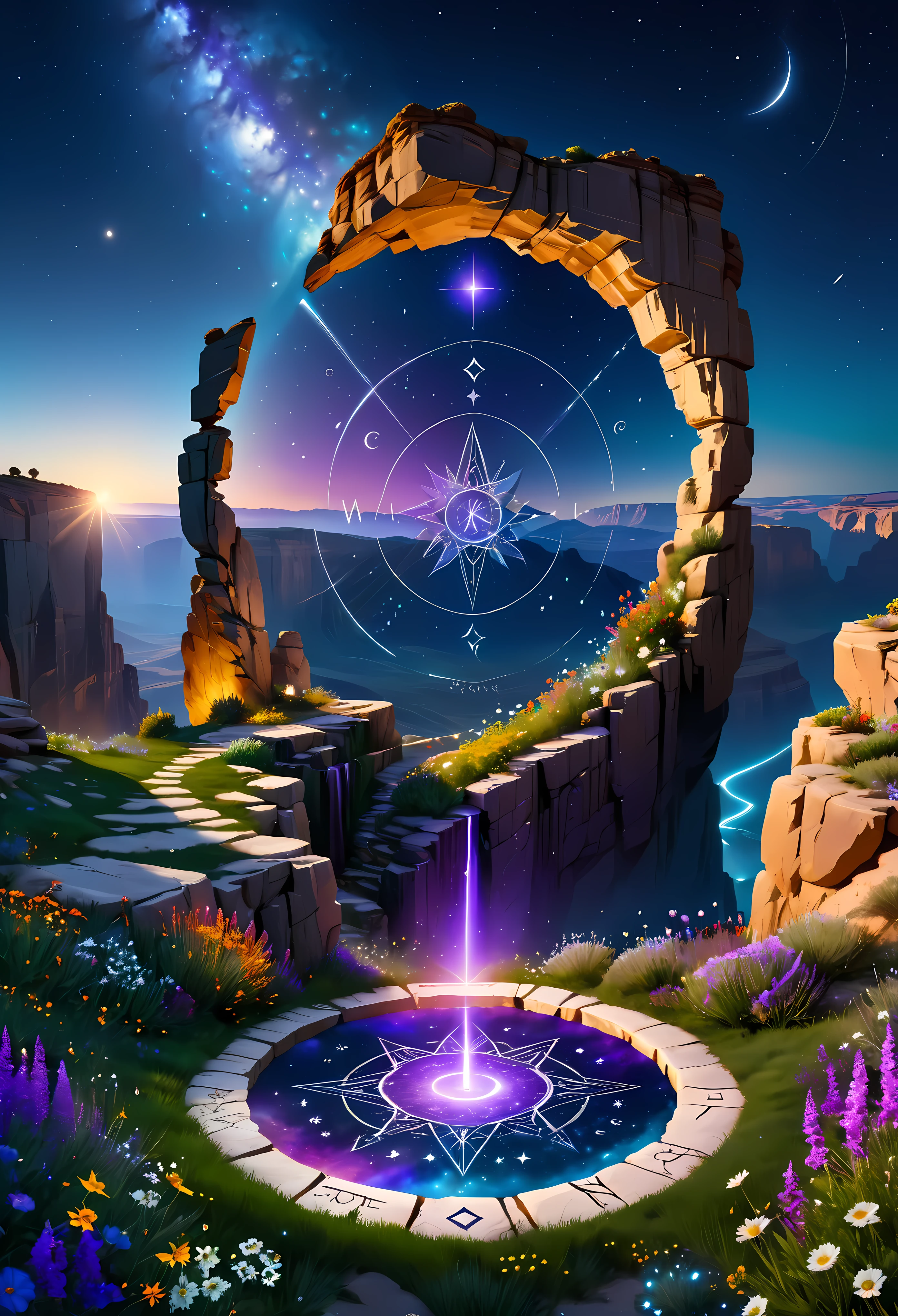 Towering steep and towering high magic circle in a cliff garden, wild flowers, asymmetric magic circle cliff canyon, ((magical inscription):1.2), (glowing runes), (glowing sigil), Coexistence with the natural environment, magic circle canyon night, clear night sky, meteors across, moonlight, extremely detailed, best quality, masterpiece, high resolution, Hyperrealistic, 8K, top-view,  high angle view, Violet Color Palette, Minimalism.