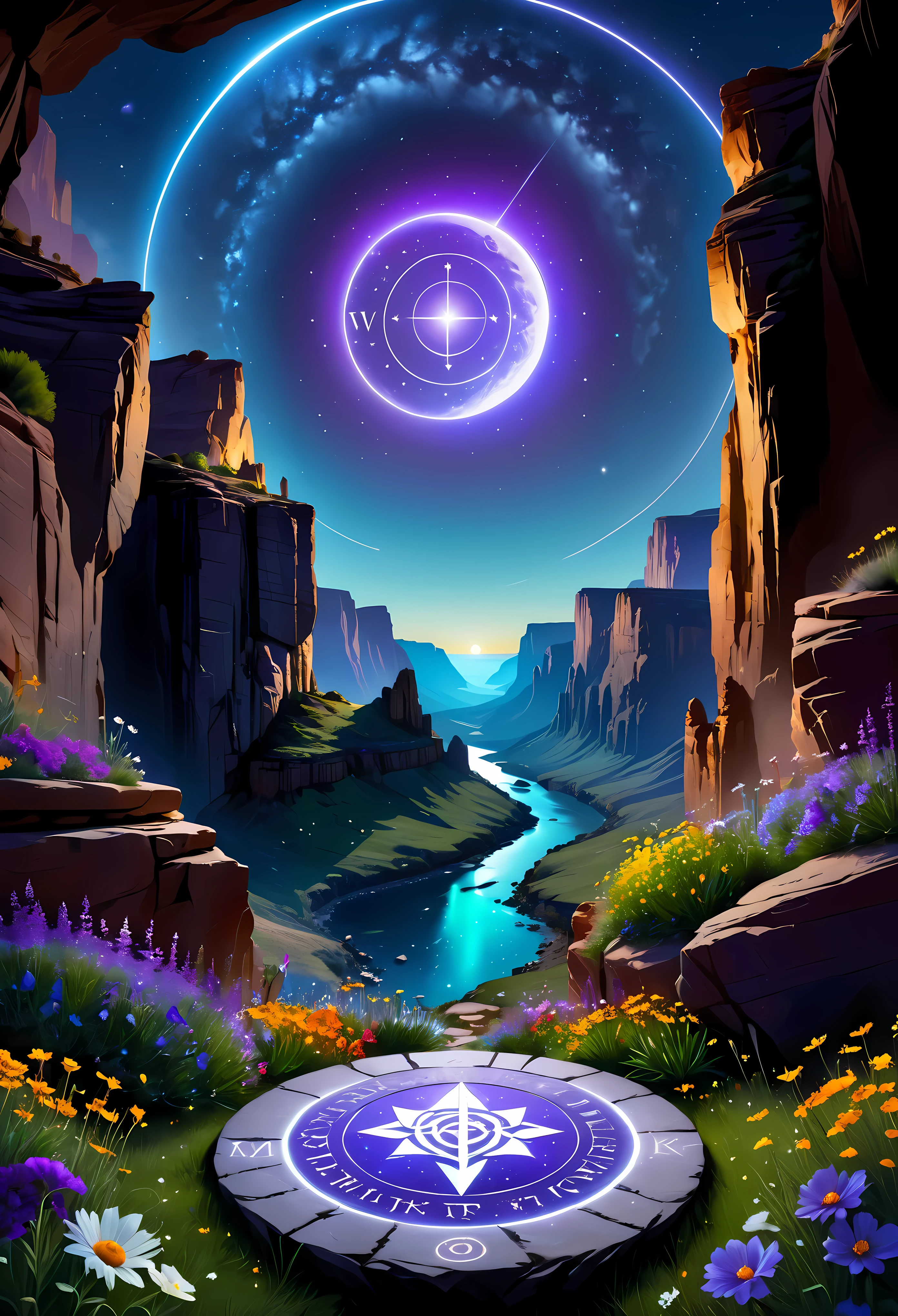 Towering steep and towering high magic circle in a cliff garden, wild flowers, asymmetric magic circle cliff canyon, ((magical inscription):1.2), (glowing runes), (glowing sigil), Coexistence with the natural environment, magic circle canyon night, clear night sky, meteors across, moonlight, extremely detailed, best quality, masterpiece, high resolution, Hyperrealistic, 8K, top-view,  high angle view, Violet Color Palette, Minimalism.