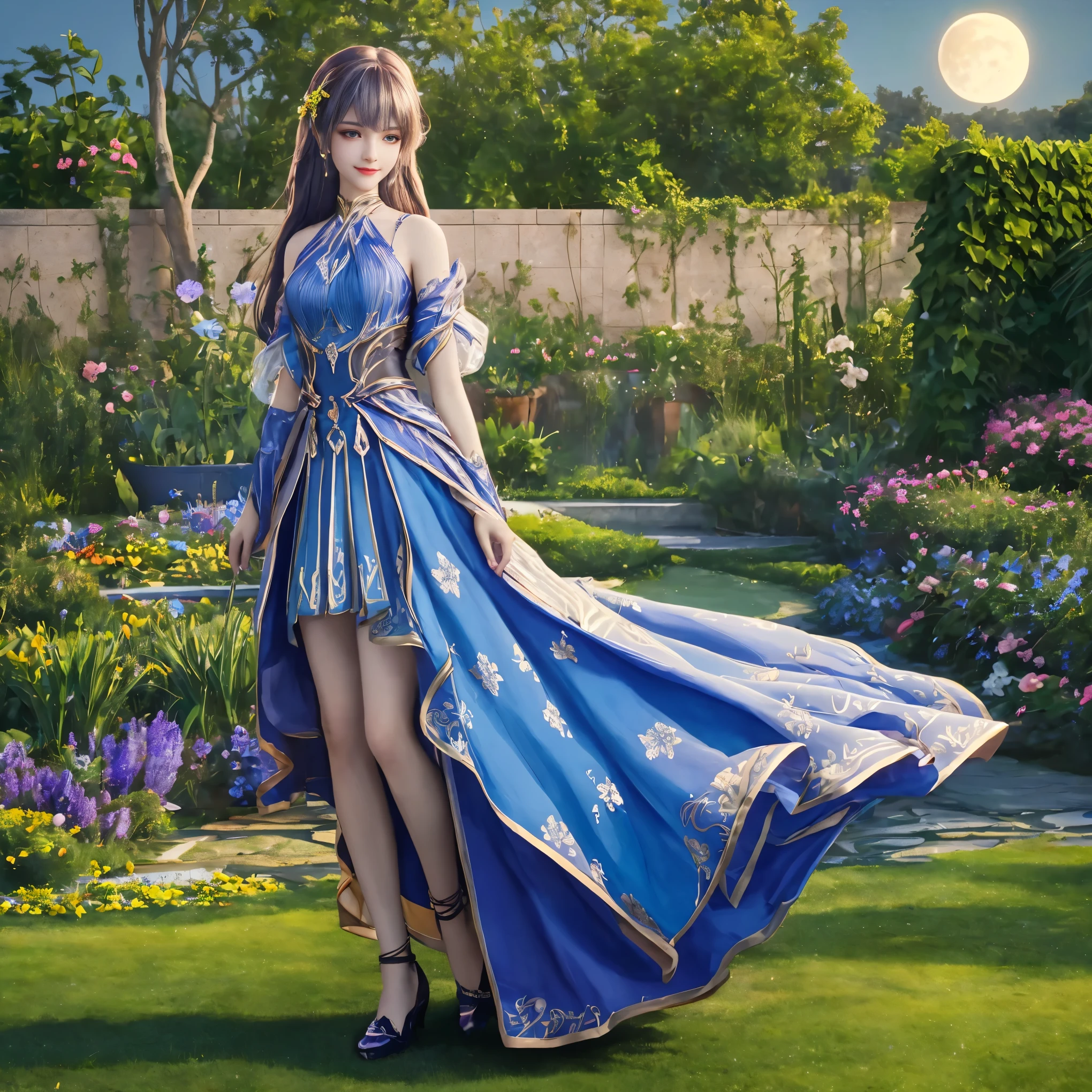 Hermosa chica con blusa floral azul , vestido de hadas, dulce sonrisa,luz de la luna, en el jardín con vista , foto dinámica en ángulo, Alta calidad ,central centrándose en la chica en los gráficos, obra maestra, colección de cuerpo completo, fotos de cuerpo completo 