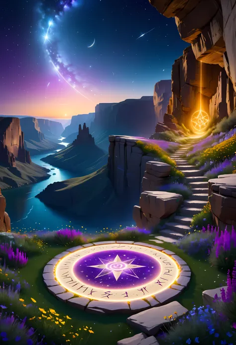 towering steep and towering high magic circle in a cliff garden, wild flowers, asymmetric magic circle cliff canyon, ((magical i...