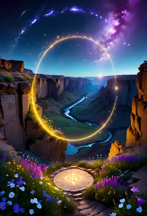 Towering steep and towering high magic circle in a cliff garden, wild flowers, asymmetric magic circle cliff canyon, ((magical i...