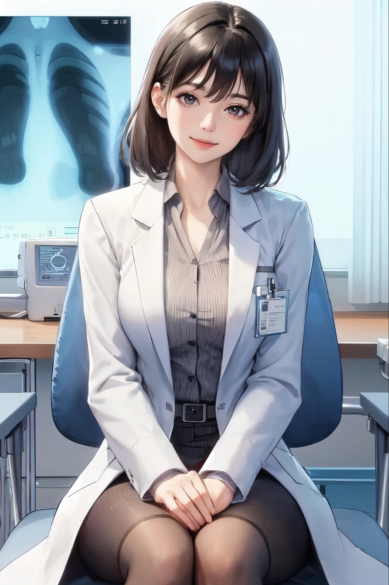 1lady solo, sitting, (looking at viewers), (white lab coat) stylish outfit, mature female, /(black hair/) bangs, kind smile, (masterpiece best quality:1.2) delicate illustration ultra-detailed, large breasts, pantyhose BREAK (hospital examination room) indoors, work desk, (x-ray photo), detailed background