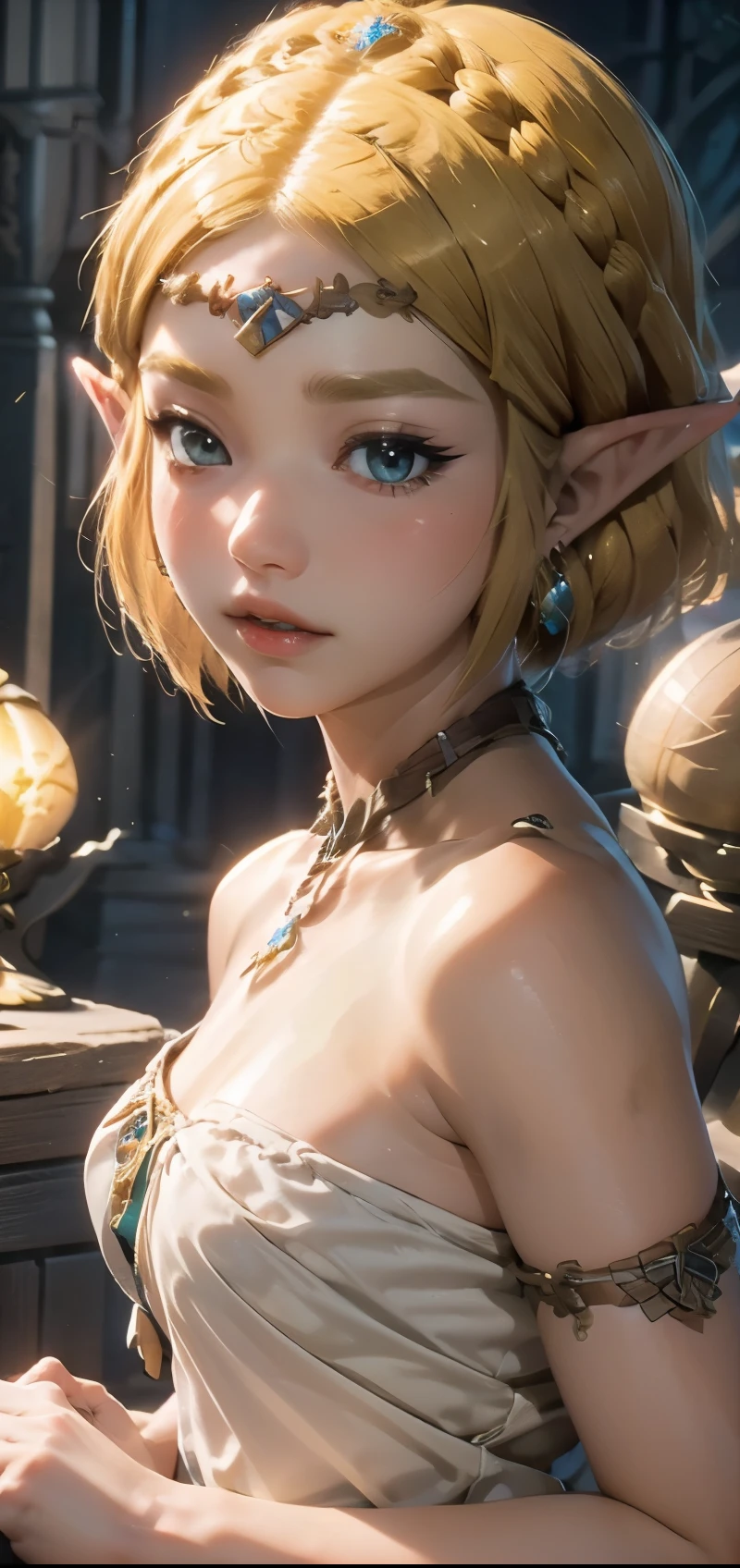 (((Best Quality))), ((Ultra-detailed)), (extremely detailed photo), ((extremely delicate and beautiful)),(Cute delicate face), ((masterpiece)), perfect anatomy, intricate, (highly detailed), masterpiece, photorealistic,A 23 years old dignified Princess Zelda,(Background of Hyrule Castle),(holding Master Sword),tall girl,(gold hair and crown braid and short hair and blue eyes),(Dynamic pose),alone, double eyelid,delicate skin,slender body shape,Legend of Zelda tears of the kingdom