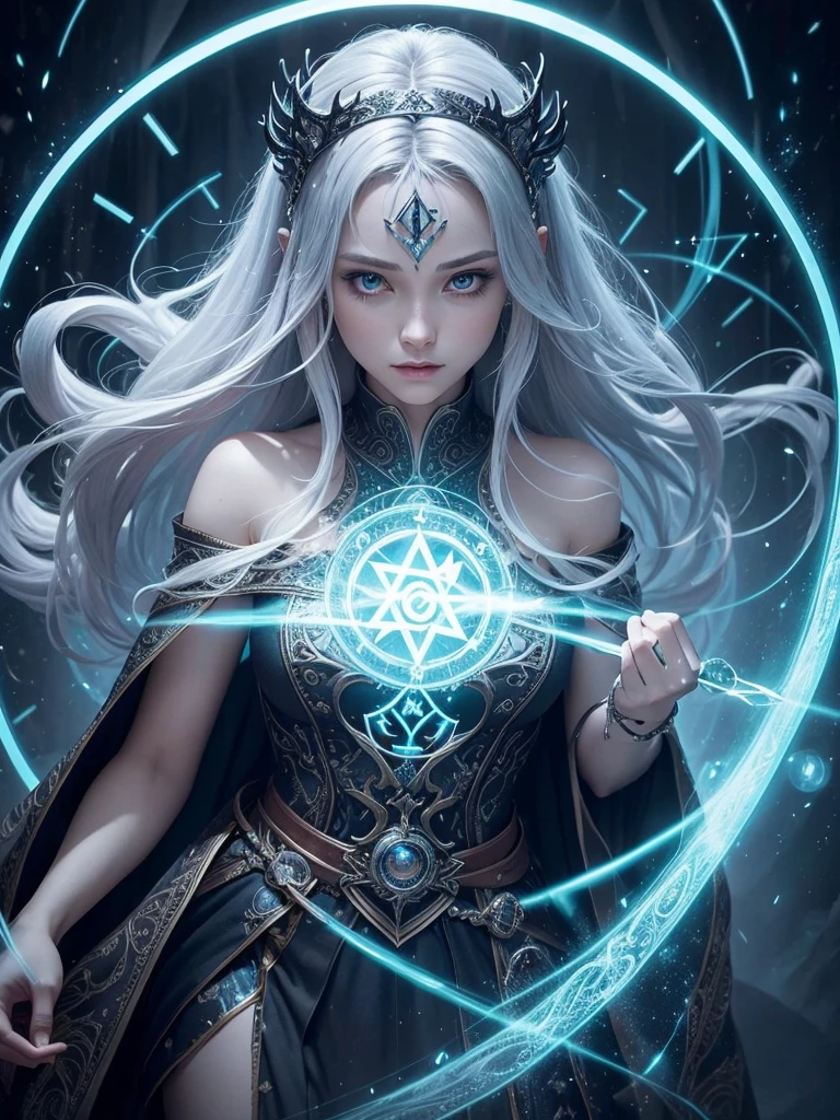 神秘的なルーン魔法陣のルーンは神秘的な光を発します，魅力的で興味深い. 銀色に輝くドレスを着た美しい魔術師が魔法陣の中に立って呪文を唱えているクローズアップ. エーテル,精巧なファンタジーアート 鮮やかでダイナミックなシュルレアリスム,

         魔法のエネルギー, ハイダイナミクス, 渦巻く闇の魔法の模様, 神秘的な錯覚アート, 非常に詳細な夢のようなシーン, 魔法の世界に浸る, 非常に詳細なアート、絶妙で美しい、傑作、質の高いコンテンツは非常に詳細です、ダイナミックなアングルとエレガントな雰囲気
