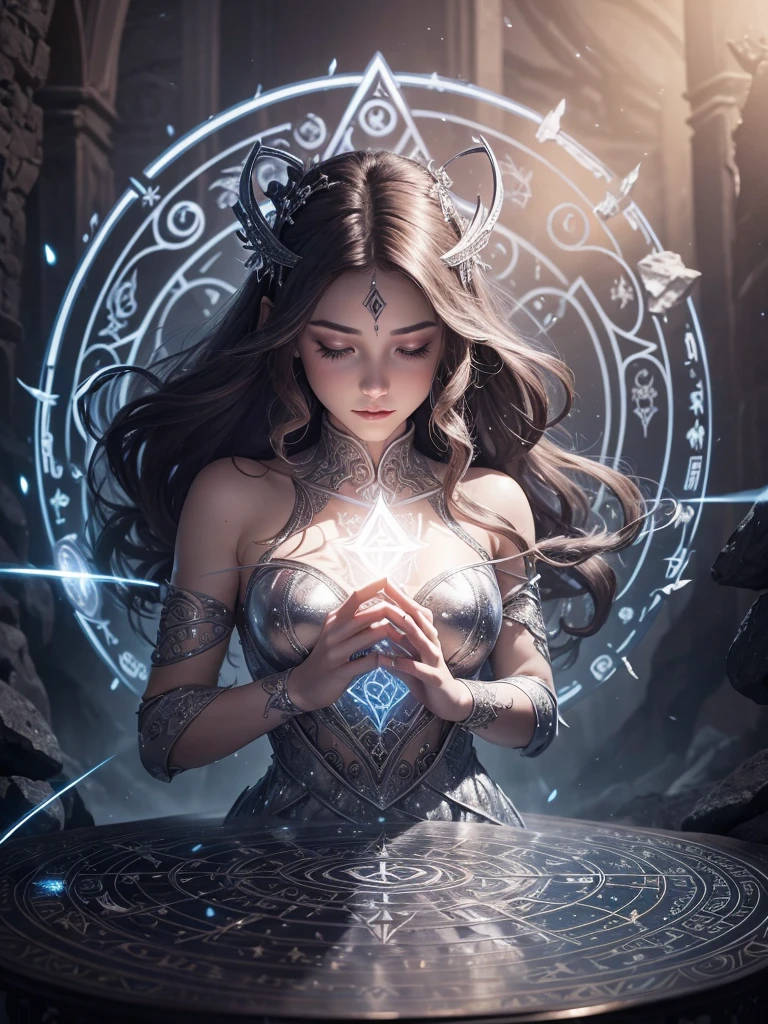 神秘的なルーン魔法陣のルーンは神秘的な光を発します，魅力的で興味深い. 銀色に輝くドレスを着た美しい魔術師が魔法陣の中に立って呪文を唱えているクローズアップ. エーテル,精巧なファンタジーアート 鮮やかでダイナミックなシュルレアリスム,

         魔法のエネルギー, ハイダイナミクス, 渦巻く闇の魔法の模様, 神秘的な錯覚アート, 非常に詳細な夢のようなシーン, 魔法の世界に浸る, 非常に詳細なアート、絶妙で美しい、傑作、質の高いコンテンツは非常に詳細です、ダイナミックなアングルとエレガントな雰囲気
