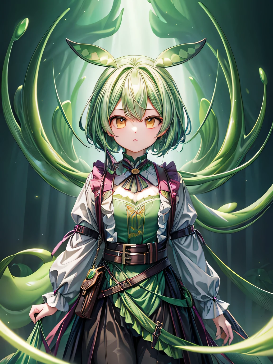 (masterpiece, highest quality, highest quality, official art, beautiful and aesthetic:1.2), (1 girl:1.3), dark green hair,eyes are yellow,(fractal art:1.3)