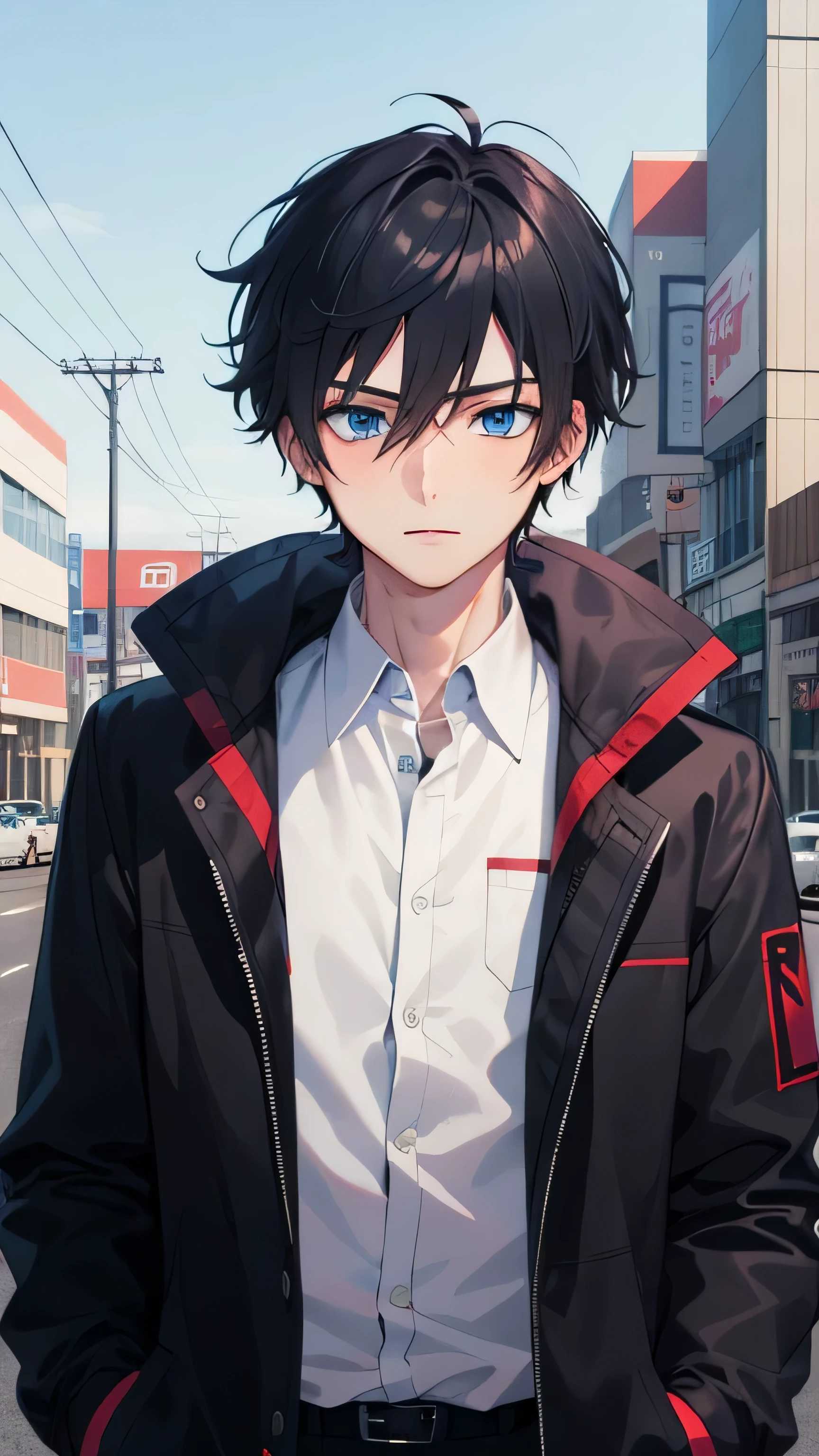 1 boy with blue eyes and black jacket posing for a picture, tall anime guy with blue eyes, , anime artstyle, male anime style, anime handsome man, young anime man, stunning anime face portrait, (wearing a white shirt). (classrom Backround)