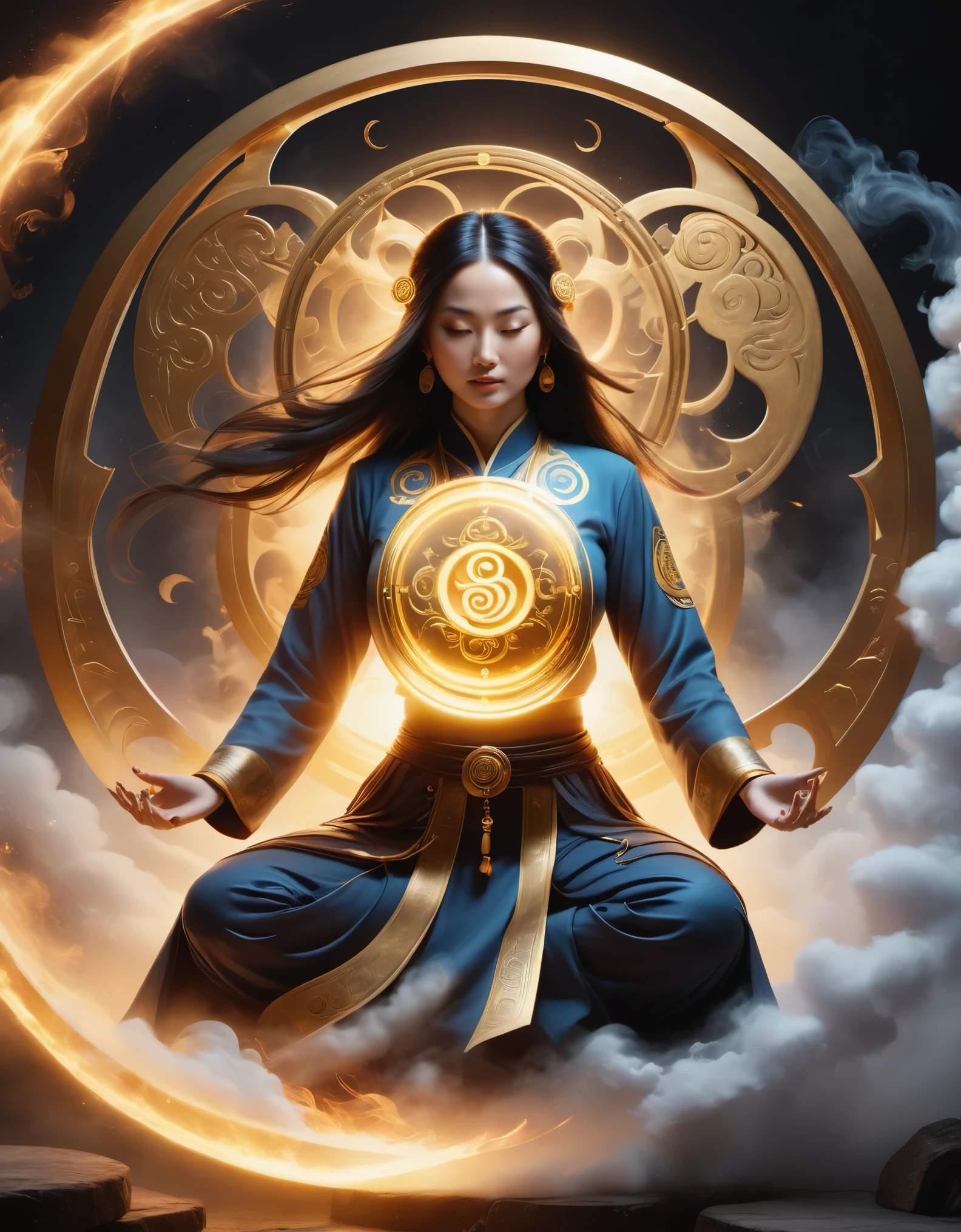magic circle，Gold engraved precision horoscope symbols，best quality,4k,8k,highres,masterpiece:1.2,ultra-detailed,realistic,acrylic style,tai chi, yin yang, eight trigrams,3d rendering，Female Taoist priest doing yoga，Light and shadow photography，smoke，