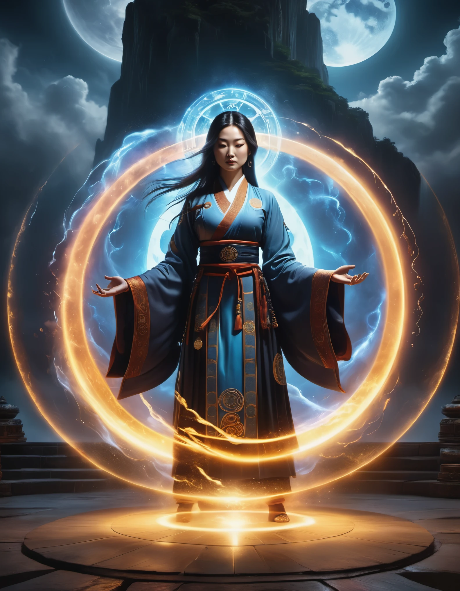 magic circle，best quality,4k,8k,highres,masterpiece:1.2,ultra-detailed,realistic,acrylic style,tai chi, yin yang, eight trigrams,3d rendering，female Taoist priest practicing yoga，Light and shadow photography，background：An unusual amount of magic spells rained down，black light art，