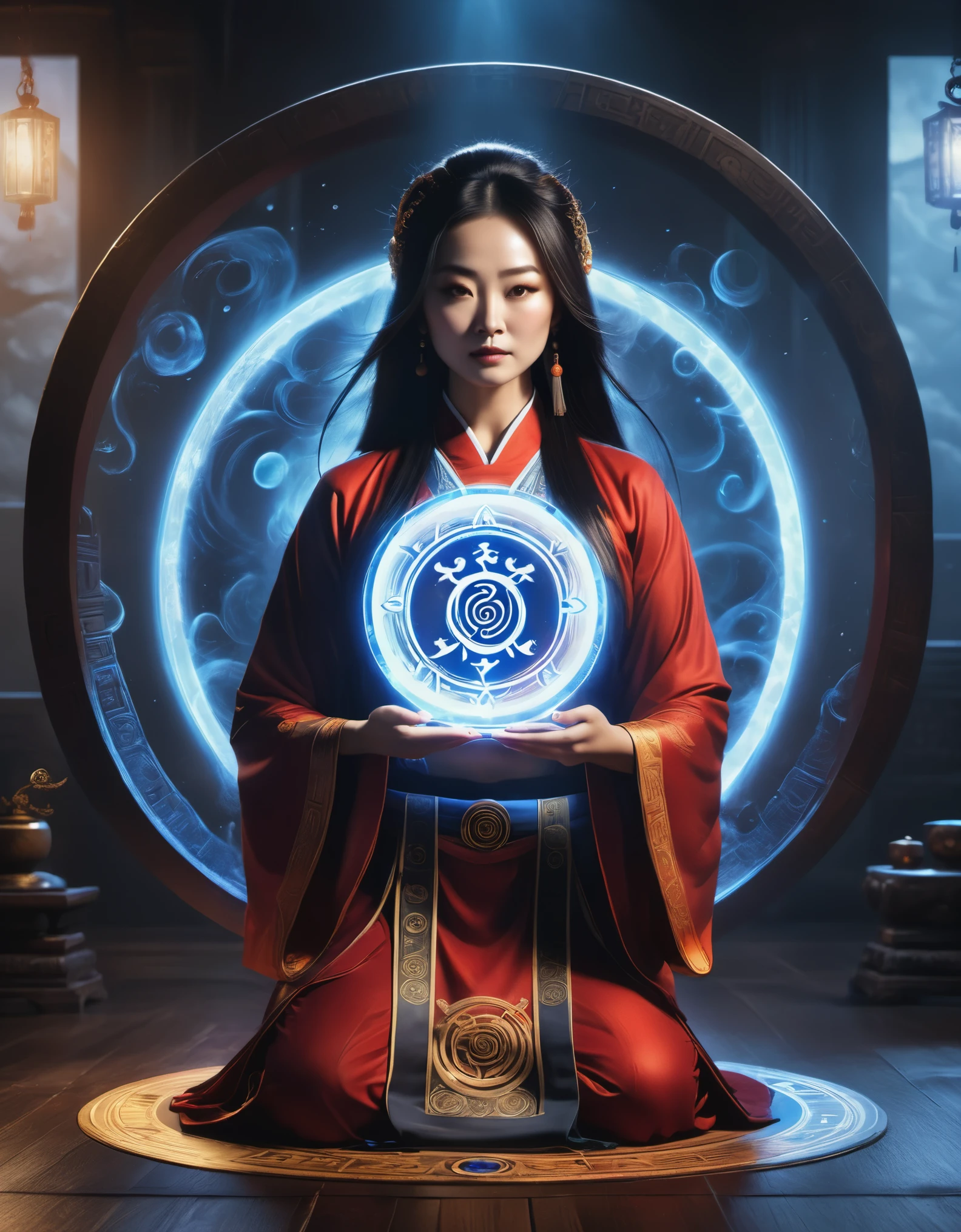 magic circle，best quality,4k,8k,highres,masterpiece:1.2,ultra-detailed,realistic,acrylic style,tai chi, yin yang, eight trigrams,3d rendering，female Taoist priest practicing yoga，Light and shadow photography，background：An unusual amount of magic spells rained down，black light art，