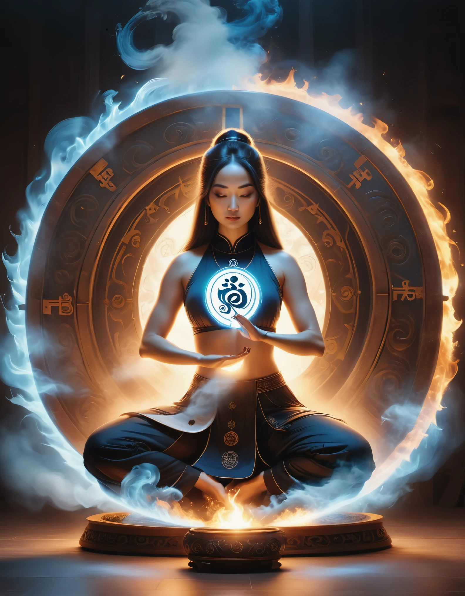 magic circle，best quality,4k,8k,highres,masterpiece:1.2,ultra-detailed,realistic,acrylic style,tai chi, yin yang, eight trigrams,3d rendering，Female Taoist priest doing yoga，Light and shadow photography，smoke，