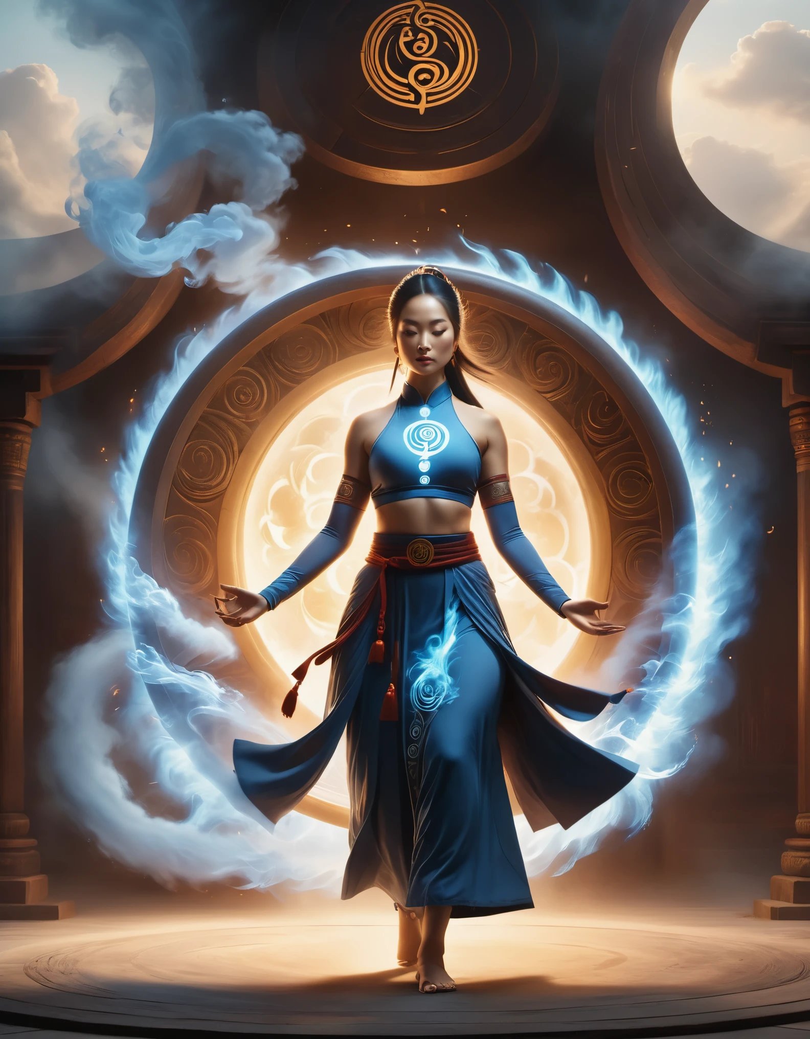 magic circle，best quality,4k,8k,highres,masterpiece:1.2,ultra-detailed,realistic,acrylic style,tai chi, yin yang, eight trigrams,3d rendering，Female Taoist priest doing yoga，Light and shadow photography，smoke，