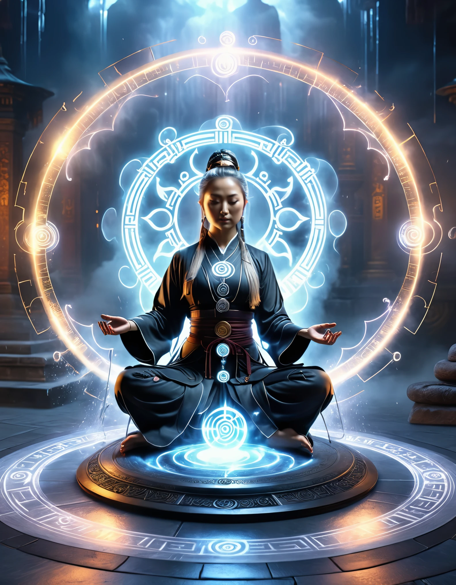 magic circle，best quality,4k,8k,highres,masterpiece:1.2,ultra-detailed,realistic,acrylic style,tai chi, yin yang, eight trigrams,3d rendering，Transparent female Taoist priest doing yoga and meditating，Light and shadow photography，background：An unusual amount of magic spells rained down