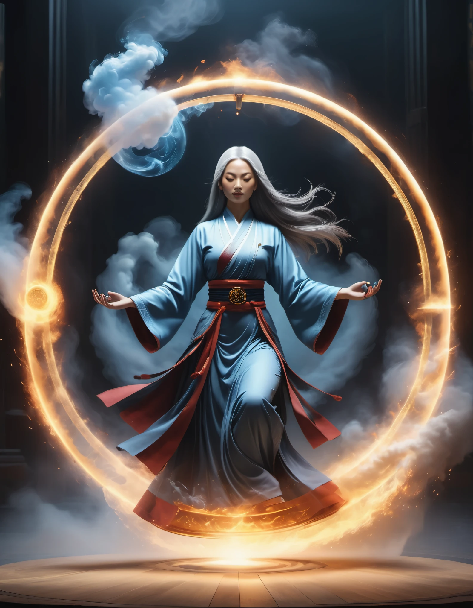 magic circle，best quality,4k,8k,highres,masterpiece:1.2,ultra-detailed,realistic,acrylic style,tai chi, yin yang, eight trigrams,3d rendering，Female Taoist priest doing yoga，Light and shadow photography，smoke，