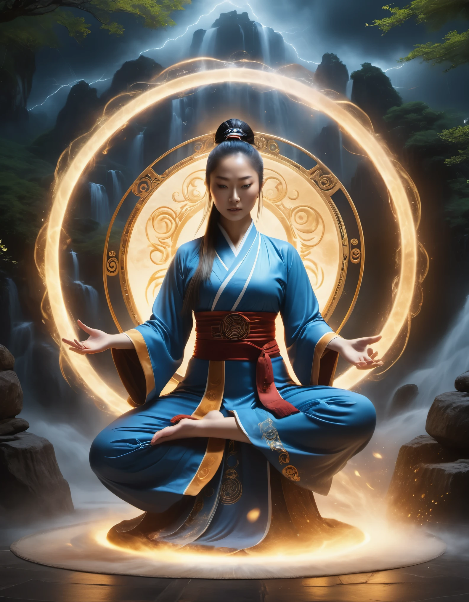 magic circle，best quality,4k,8k,highres,masterpiece:1.2,ultra-detailed,realistic,acrylic style,tai chi, yin yang, eight trigrams,3d rendering，female Taoist priest practicing yoga，Light and shadow photography，background：An unusual amount of magic spells rained down