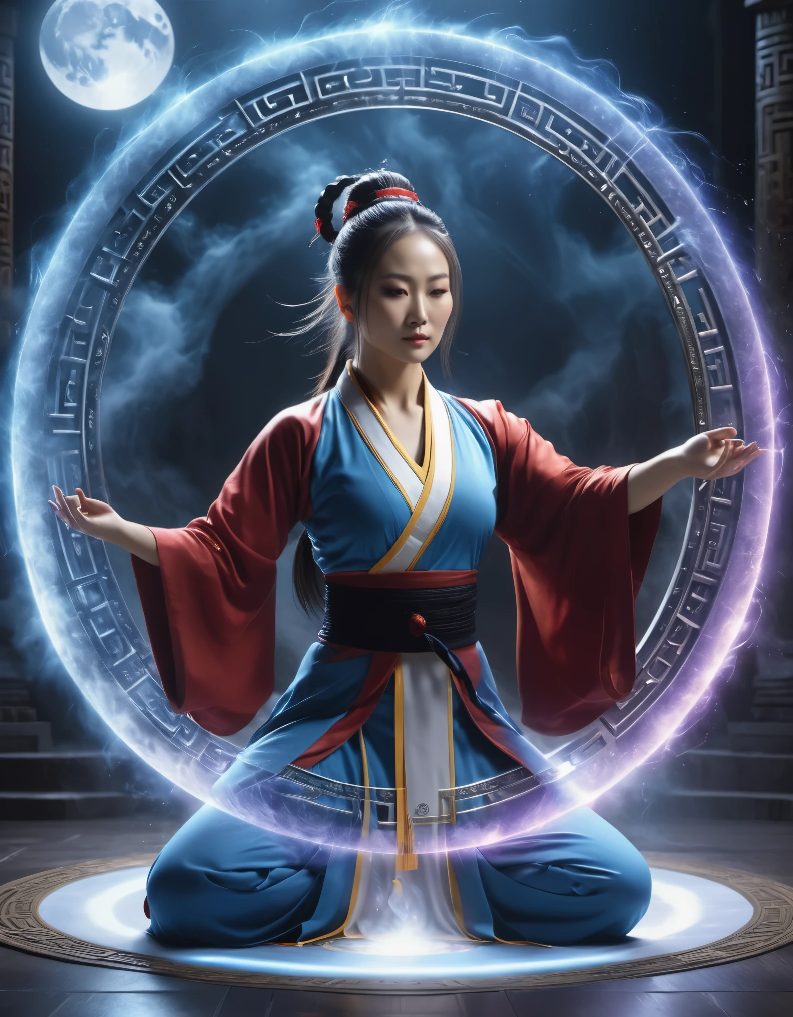 magic circle，best quality,4k,8k,highres,masterpiece:1.2,ultra-detailed,realistic,acrylic style,tai chi, yin yang, eight trigrams,3d rendering，female Taoist priest practicing yoga，Light and shadow photography，background：An unusual amount of magic spells rained down