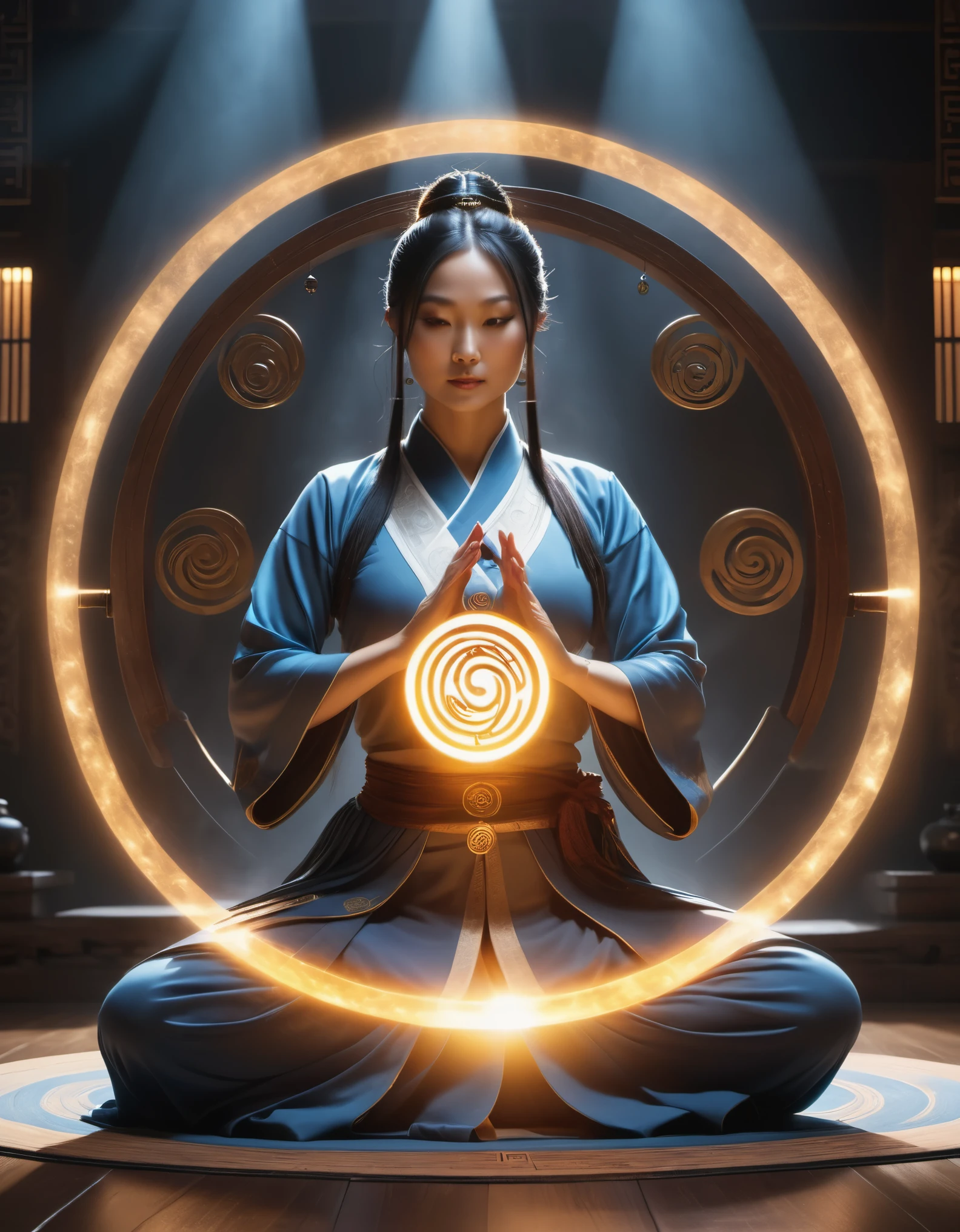 magic circle，best quality,4k,8k,highres,masterpiece:1.2,ultra-detailed,realistic,acrylic style,tai chi, yin yang, eight trigrams,3d rendering，Female Taoist priest doing yoga，Light and shadow photography，