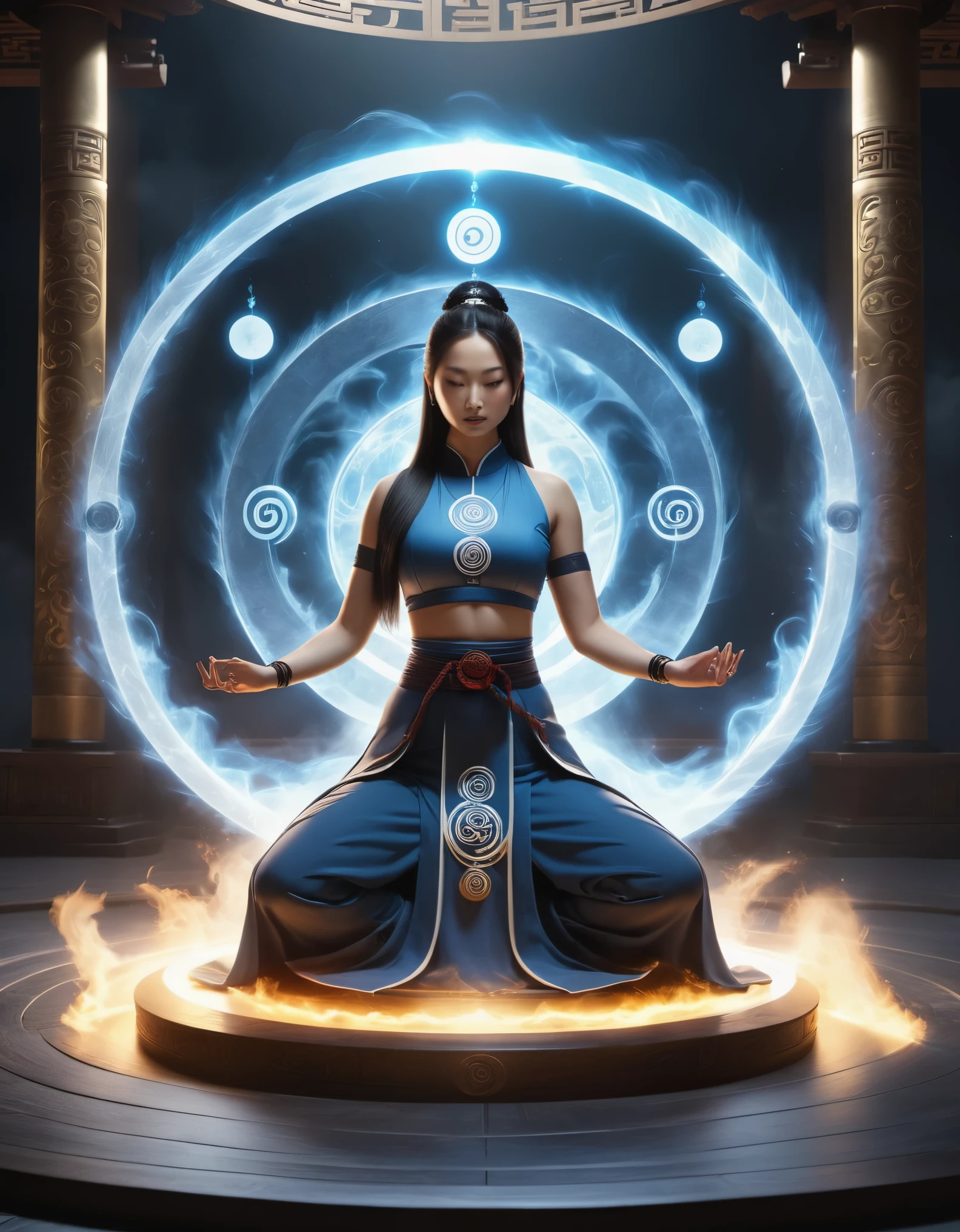 magic circle，best quality,4k,8k,highres,masterpiece:1.2,ultra-detailed,realistic,acrylic style,tai chi, yin yang, eight trigrams,3d rendering，female Taoist priest practicing yoga，Light and shadow photography，