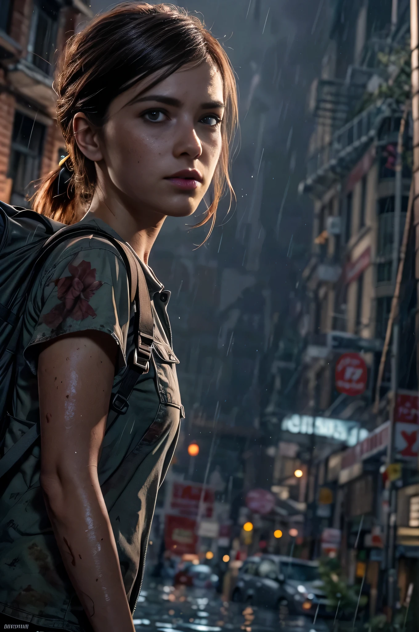 (Ellie the last of us 2:1.1), Ultra realistic photography, ultra detailed 8k, sharp photography, wide angle, a Masterpiece close up portrait, in an overflooded manhattan street at night, thunderstorm, lightnings, american dark brown 18 years old girl, blue eyes, slender slim body, wet body, very detailed face, freckles, escaping, frightened, running away, apocalyptic vibes