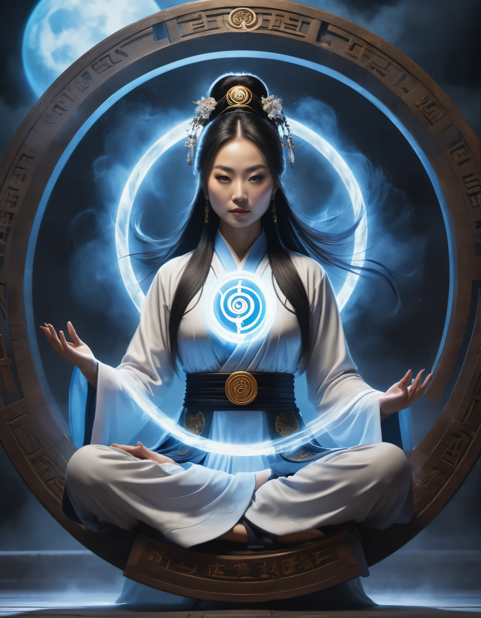 magic circle，best quality,4k,8k,highres,masterpiece:1.2,ultra-detailed,realistic,acrylic style,tai chi, yin yang, eight trigrams,3d rendering，，Female Taoist Priest，Light and shadow photography，