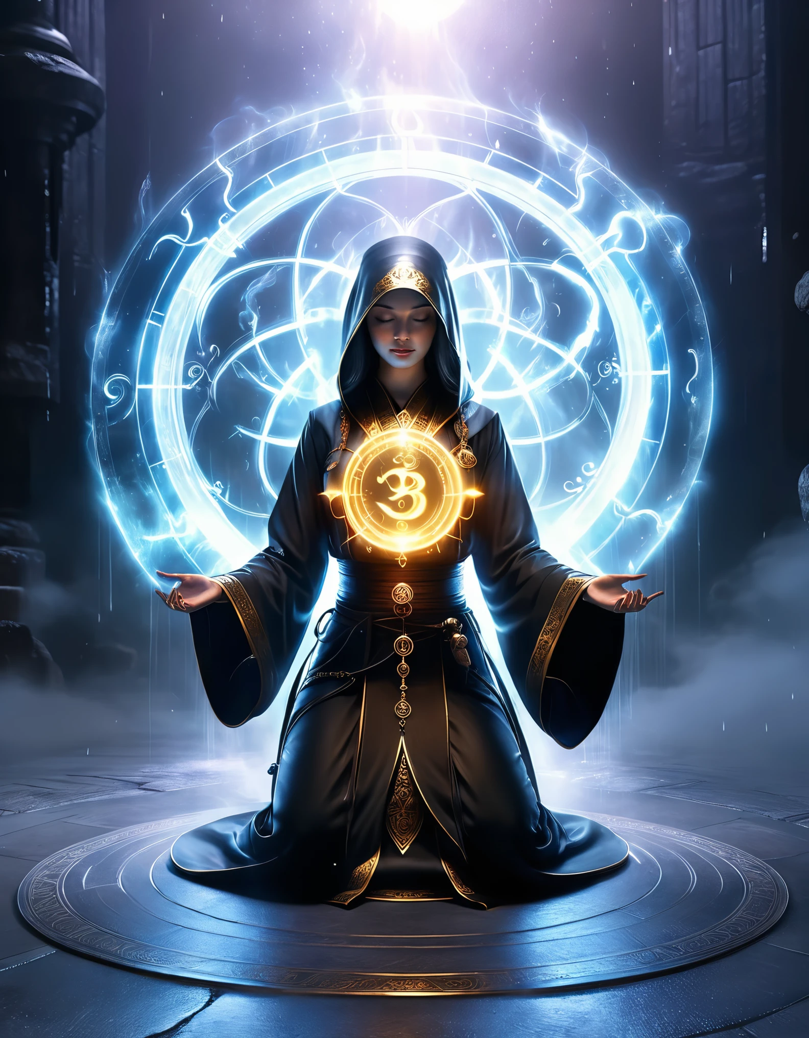 magic circle，best quality,4k,8k,highres,masterpiece:1.2,ultra-detailed,realistic,acrylic style,tai chi, yin yang, eight trigrams,3d rendering，Abnormal fox meditating in yoga, beautiful levitating transparent female priest，Light and shadow photography，background：An unusual amount of magic spells rained down