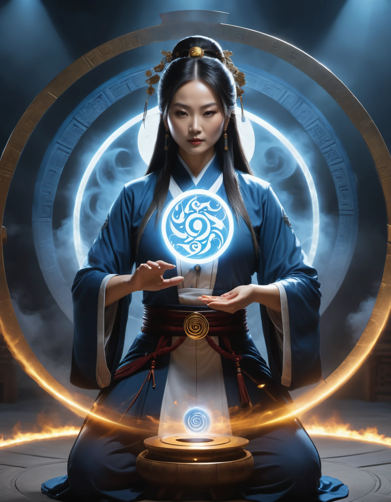 magic circle，best quality,4k,8k,highres,masterpiece:1.2,ultra-detailed,realistic,acrylic style,tai chi, yin yang, eight trigrams,3d rendering，，Female Taoist Priest，Light and shadow photography，