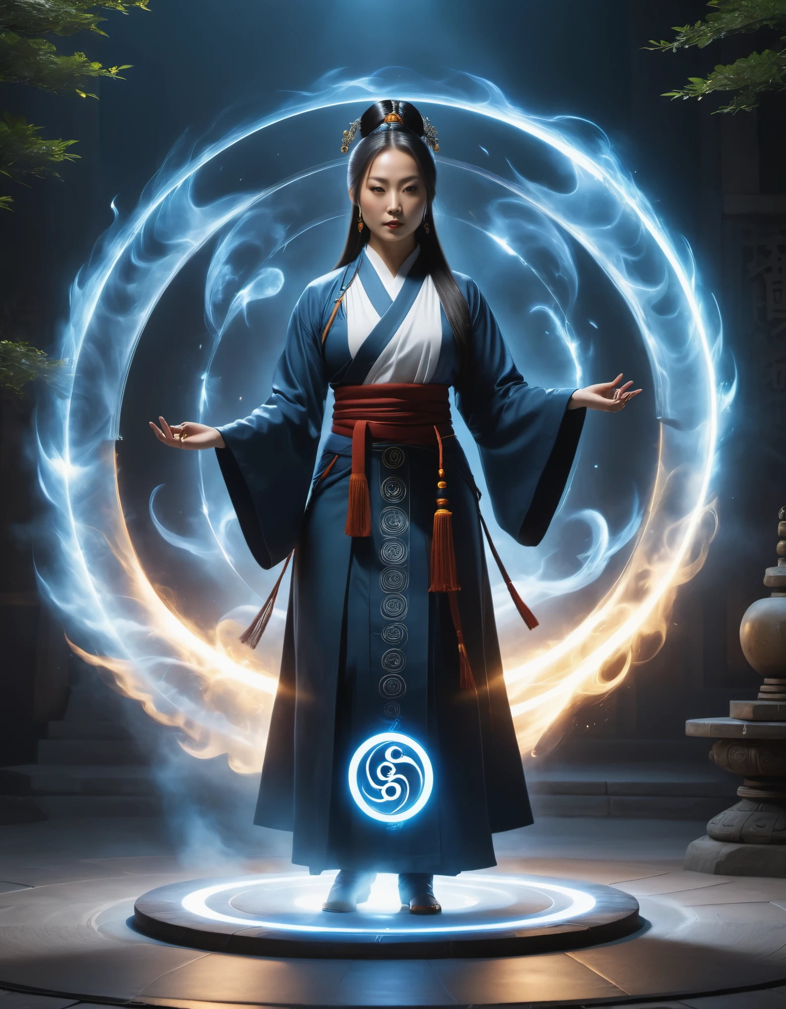 magic circle，best quality,4k,8k,highres,masterpiece:1.2,ultra-detailed,realistic,acrylic style,tai chi, yin yang, eight trigrams,3d rendering，，Female Taoist Priest，Light and shadow photography，