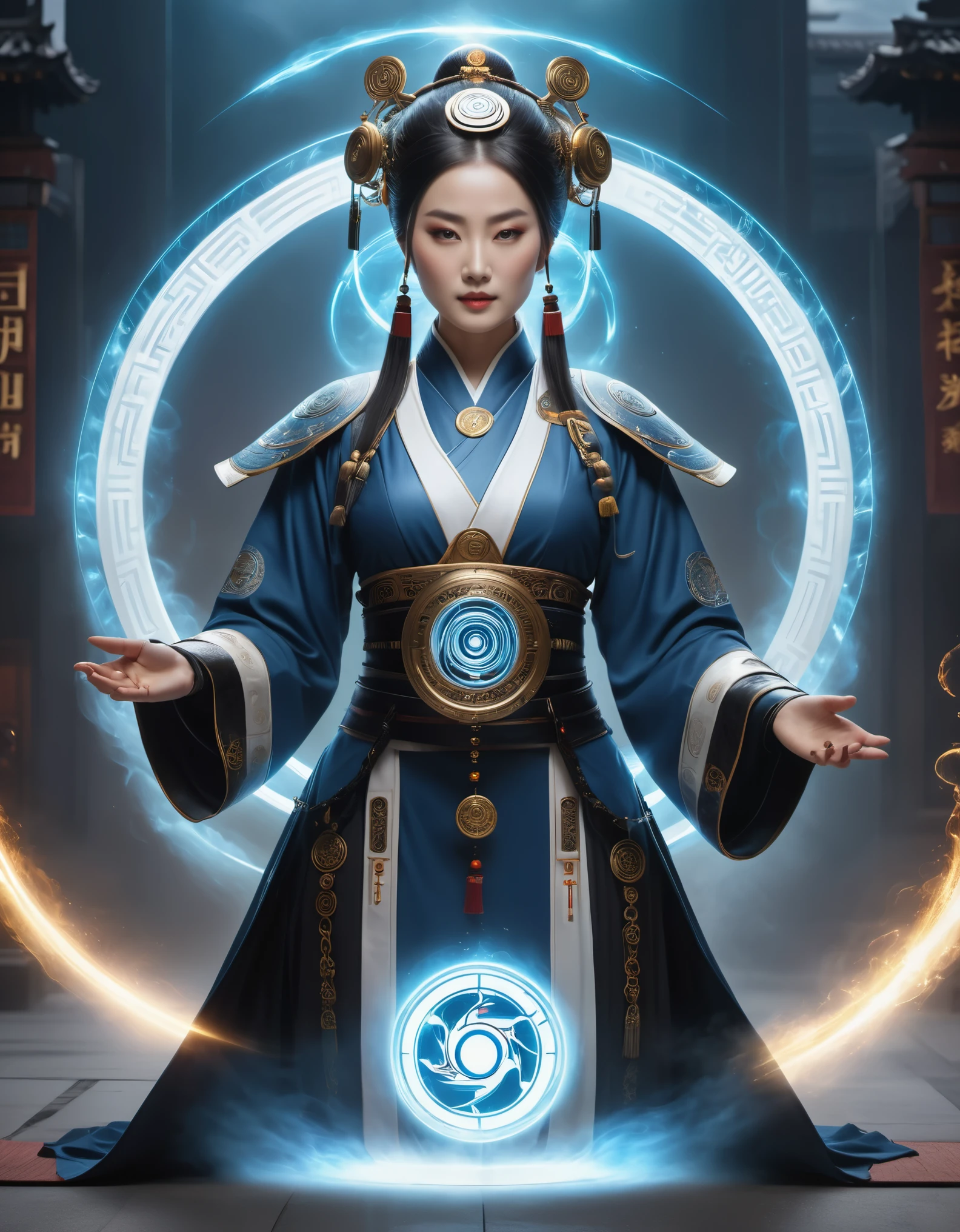 in style of Fashion photography, roboto character, beautiful detailed，magic circle，best quality,4k,8k,highres,masterpiece:1.2,ultra-detailed,realistic,acrylic style,tai chi, yin yang, eight trigrams,3d rendering，，Female Taoist Priest，Light and shadow photography，