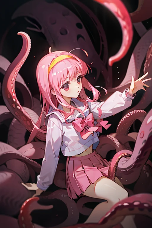 fujisaki shiori, yellow hairband, school uniform, serafuku, long sleeves, pleated skirt, Cave covered with pink raspberry groups, Tentacles entangled