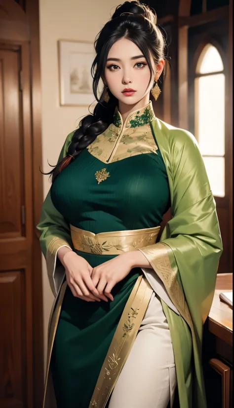 1girl, huge breast, black hair, green eyes,high quality, ultra detailed, masterpiece, realistic, gamis clothes,braid,standing