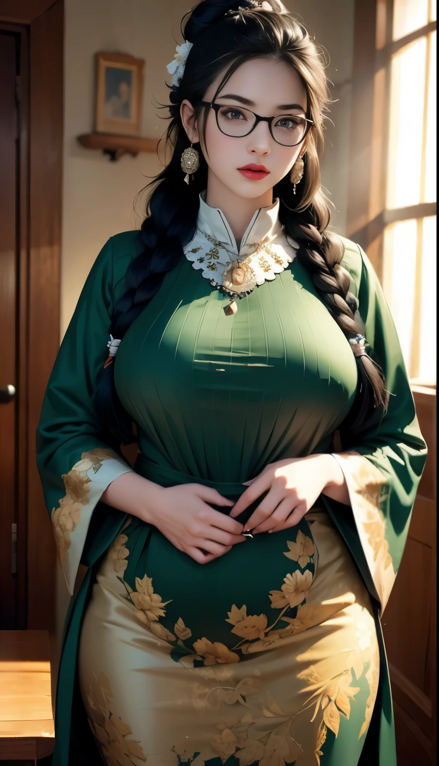 1girl, huge breast, black hair, green eyes,high quality, ultra detailed, masterpiece, realistic, gamis clothes,braid,standing