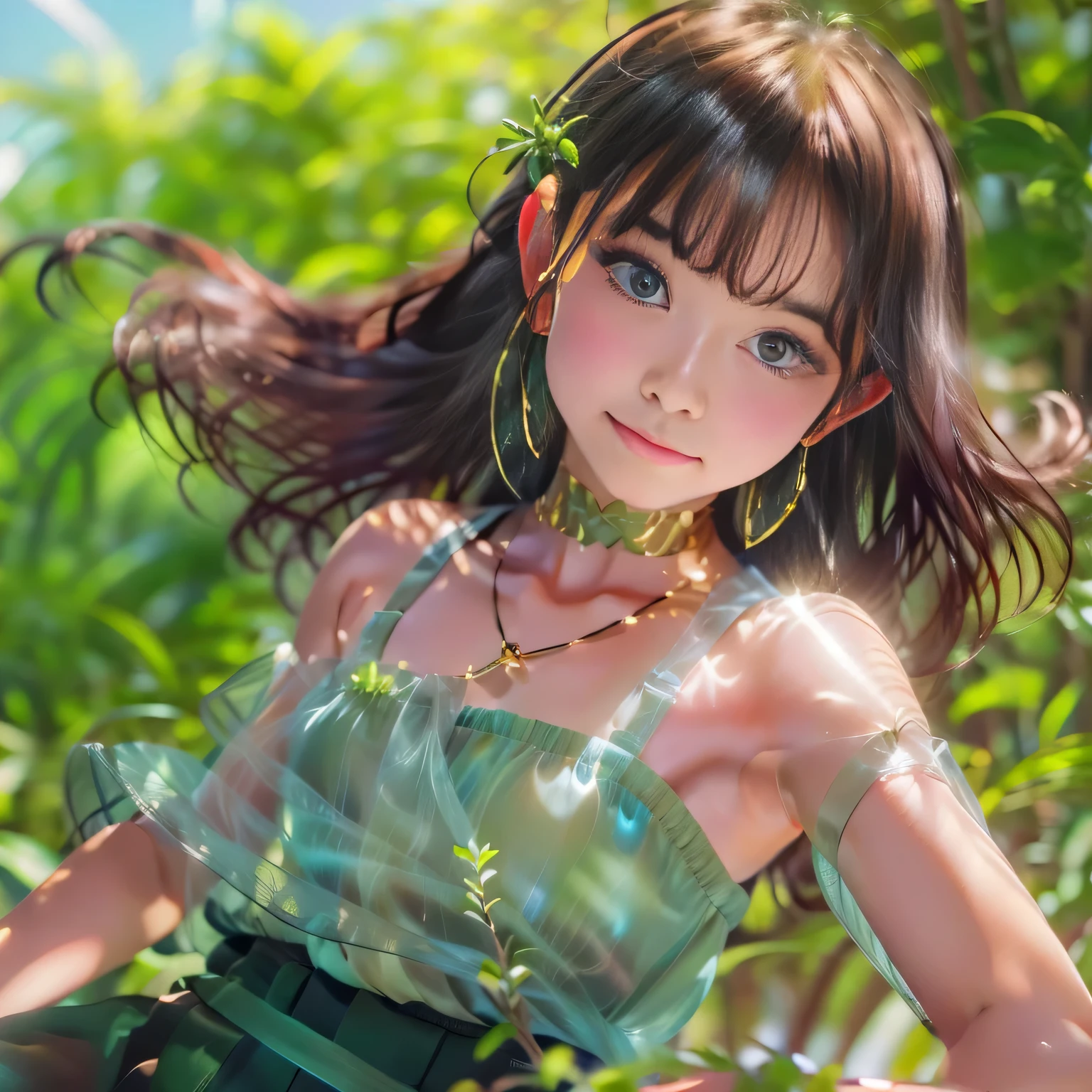 Beautiful girl with long twin-tailed hair, beautiful black eyes, 14 years, full body portrait, Symmetrical well-formed eyes、anime girl, Face of the Golden Rule、mini skirt, Digital Art 8K, Amazing face, beautiful appearance, thin hair, ultra focus, the face is illuminated, facial details, Midsummer sky and Japan countryside, highly detailed vector curves, Characterized by simplicity, smooth and clean,  Character Design, 3D shading, cinematic, glass-like clothes、gorgeous pattern, Elegant organic frame, hyper realism, collection of masterpieces, green grass々And bright colors, Real people々,