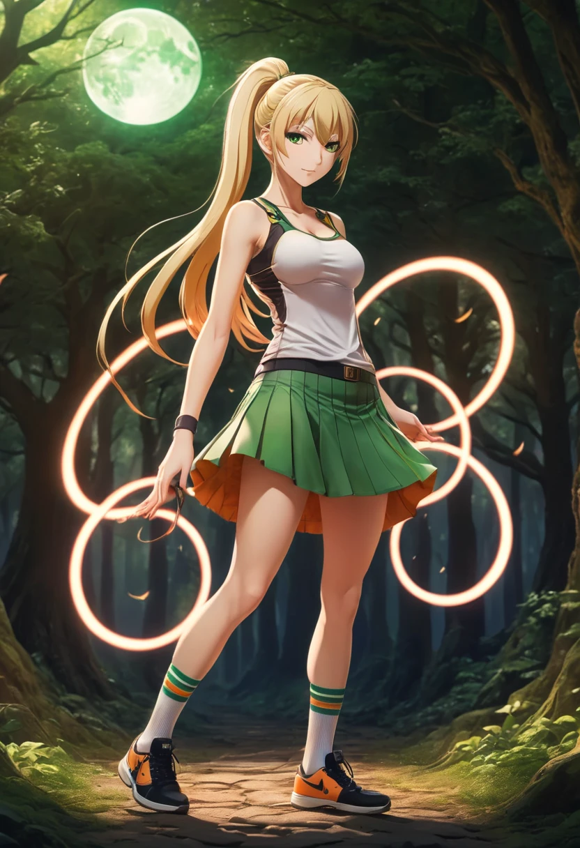 Marija, anime character, extremely thin, long legs, dyed blonde hair with a high ponytail, ultra-giant breasts, shoes and socks up to her knees, the miniskirt is so short that her panties can be seen, tank top, powerful, shy, submissive, the goddess of magic circles, magical powers, circles of light that emanate from her hands, action, color theme in green and orange tones with a touch of gray and brown, anime colors, clean background, charater sheet,