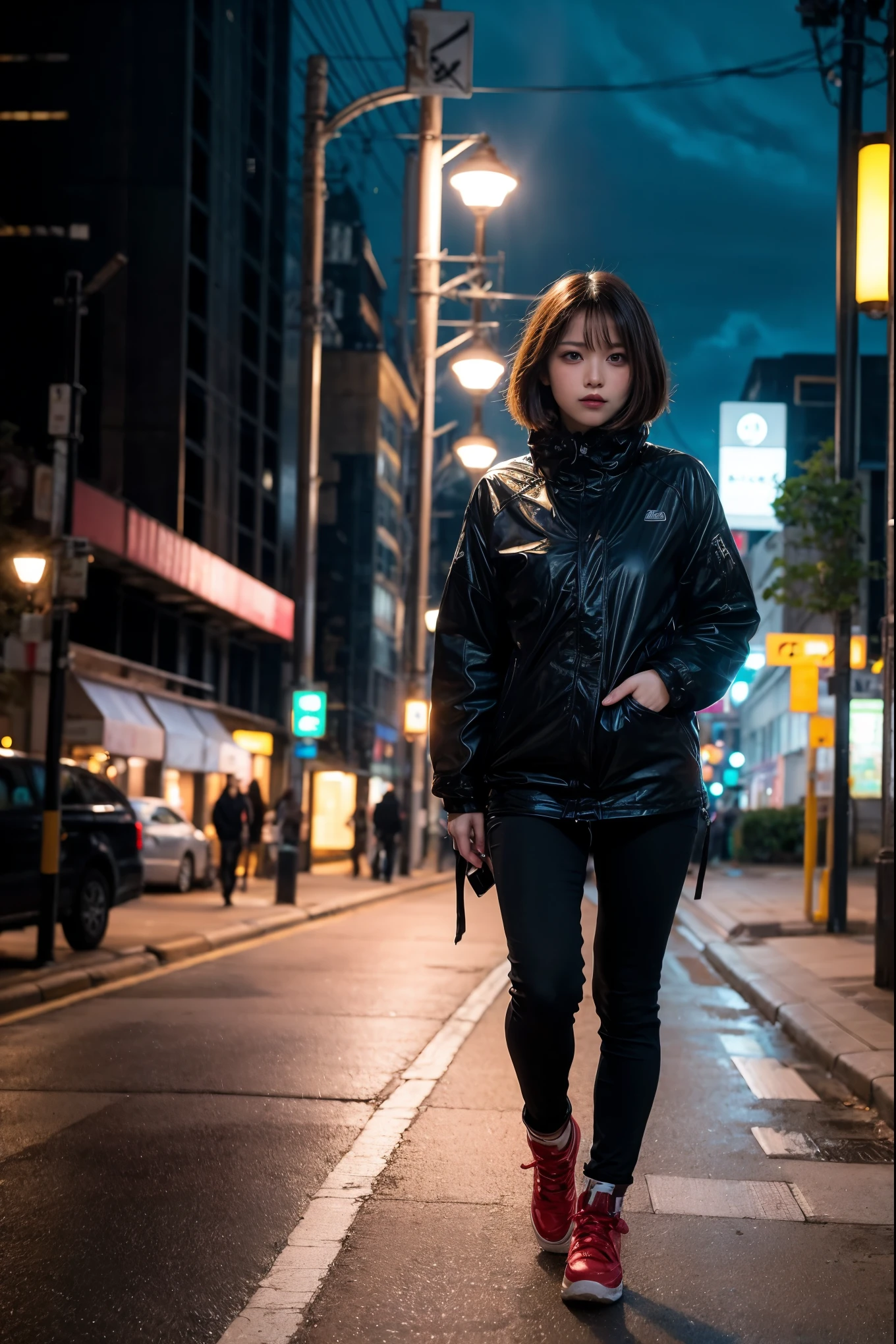 1 Japanese girl, warframe, complex pattern, heavy metal, energy line, faceless, shining eyes, elegant, intense, blood red and black uniform, bob cut hair、Alone, modern, city, street, dark clouds, thunderstorm, heavy rain,, dramatic lighting,, (masterpiece:1.2), highest quality, High resolution,   beautiful, very detailed, perfect lighting, kill、Infiltration、assassination、full body shot:1.14,