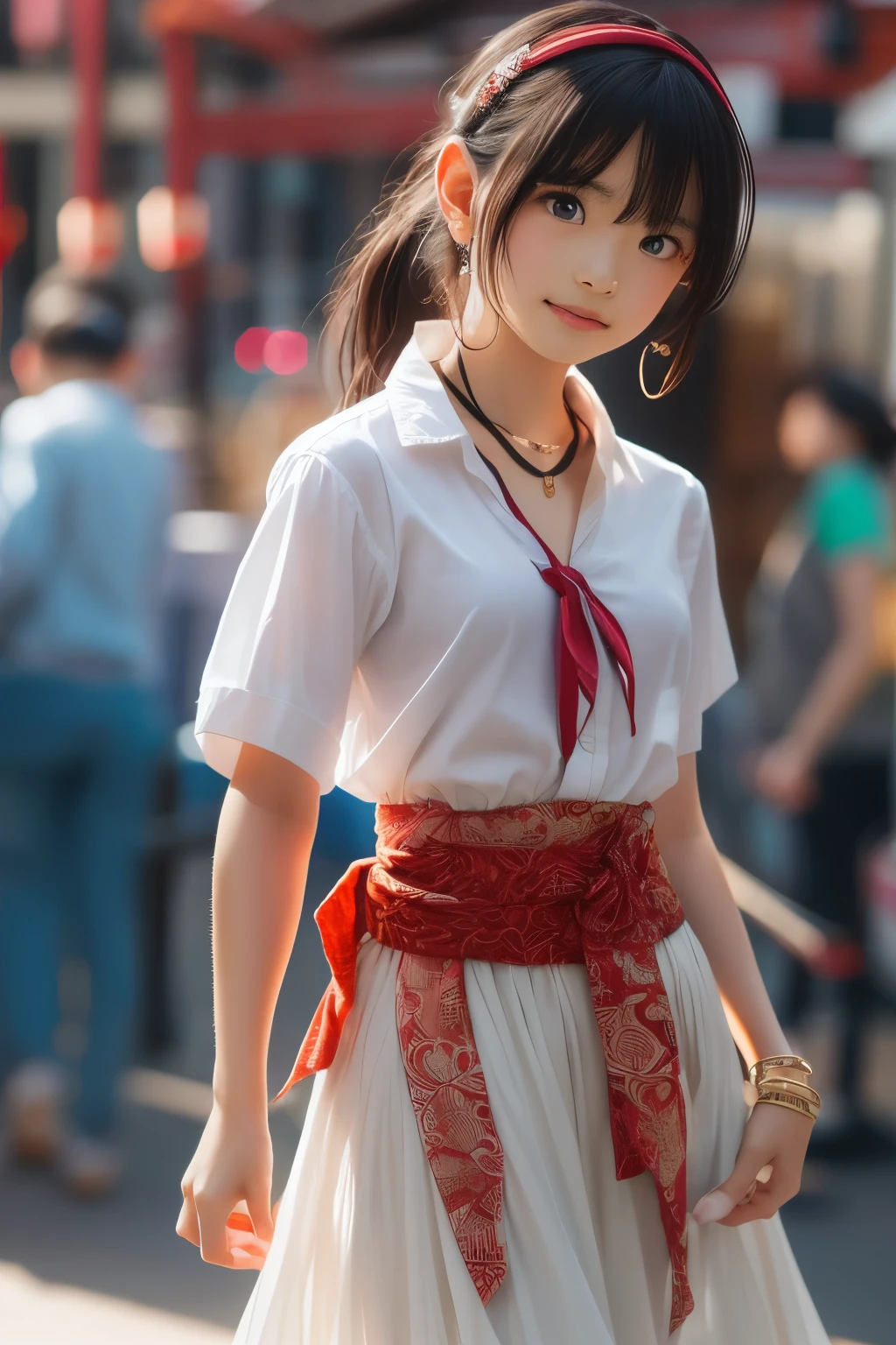 ((sfw: 1.4)), (sfw,She is wearing a long white embroidered skirt, a red blouse with lace, a white apron tied around her waist, blue socks, and brown leather shoes.A blue scarf is on her head. Yes, her accessories include necklaces, earrings, and bracelets. 1 Girl)), Ultra High Resolution, (Realistic: 1.4), RAW Photo, Best Quality, (Photorealistic Stick), Focus, Soft Light, (()),  ((Japanese)), (( (young face))), (surface), (depth of field), masterpiece, (realistic), woman, bangs, ((1 girl))