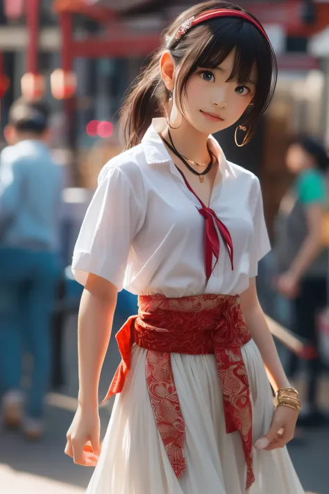 ((sfw: 1.4)), (sfw,She is wearing a long white embroidered skirt, a red blouse with lace, a white apron tied around her waist, b...