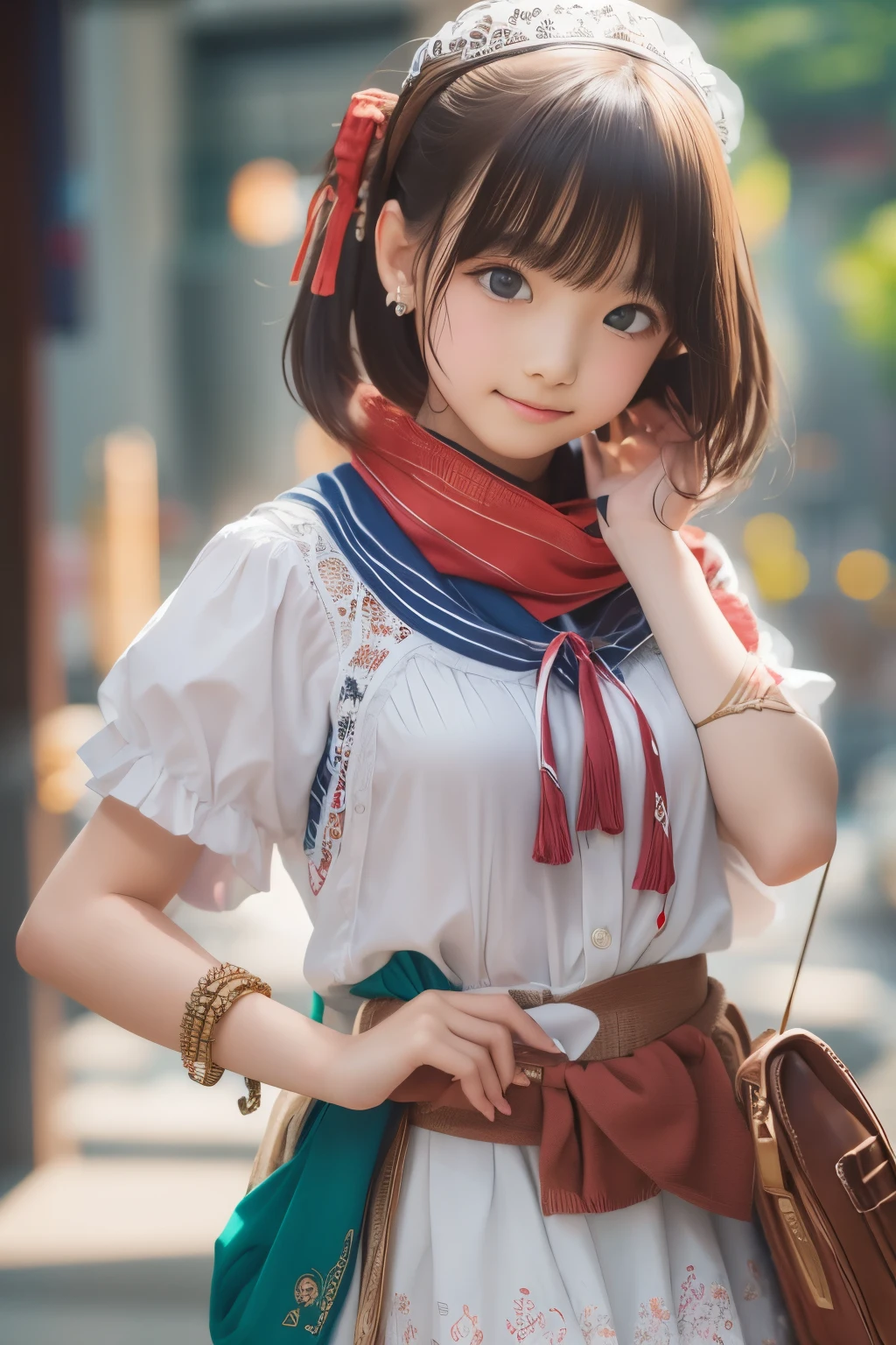 ((sfw: 1.4)), (sfw,She is wearing a long white embroidered skirt, a red blouse with lace, a white apron tied around her waist, blue socks, and brown leather shoes.A blue scarf is on her head. Yes, her accessories include necklaces, earrings, and bracelets. 1 Girl)), Ultra High Resolution, (Realistic: 1.4), RAW Photo, Best Quality, (Photorealistic Stick), Focus, Soft Light, ((15 years old)),  ((Japanese)), (( (young face))), (surface), (depth of field), masterpiece, (realistic), woman, bangs, ((1 girl))