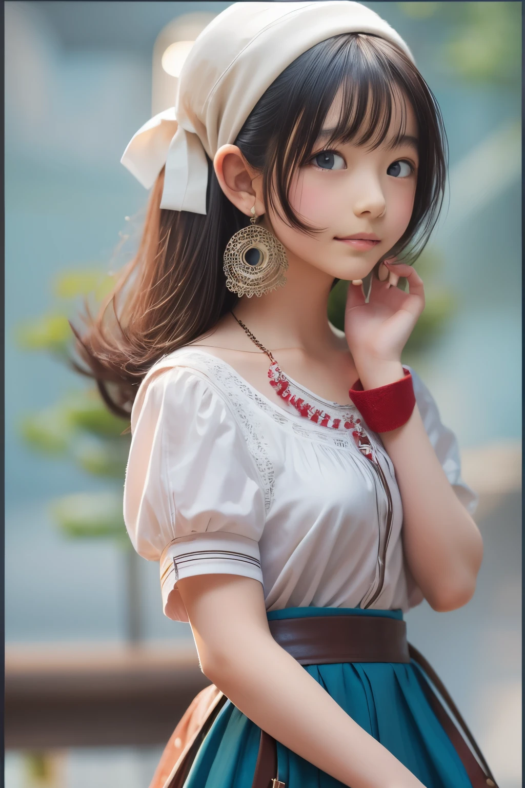 ((sfw: 1.4)), (sfw,She is wearing a long white embroidered skirt, a red blouse with lace, a white apron tied around her waist, blue socks, and brown leather shoes.A blue scarf is on her head. Yes, her accessories include necklaces, earrings, and bracelets. short hair, 1 Girl)), Ultra High Resolution, (Realistic: 1.4), RAW Photo, Best Quality, (Photorealistic Stick), Focus, Soft Light, ((15 years old)),  ((Japanese)), (( (young face))), (surface), (depth of field), masterpiece, (realistic), woman, bangs, ((1 girl))