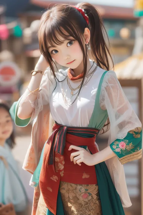 ((sfw: 1.4)), (sfw,She is wearing a long white embroidered skirt, a red blouse with lace, a white apron tied around her waist, b...
