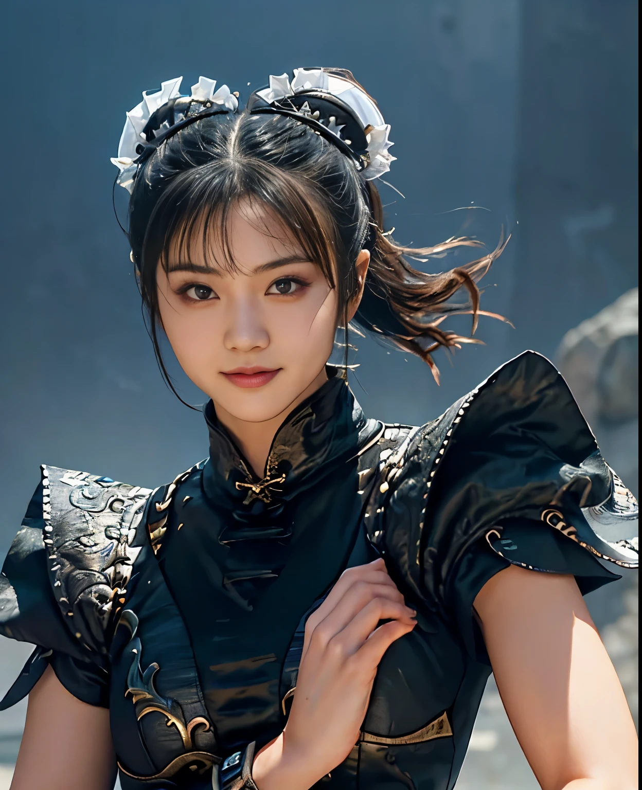 (highest quality:1.2),(perfect beautiful face:1.2),(perfect and beautiful posture:1.2),(japanese woman:1.1), twin tail hair,Rampage in the dark arena, smile, (Chunky muscular body:1.2),Ultra-high precision photos,clear eyes,  (ChunLi,:1.2),